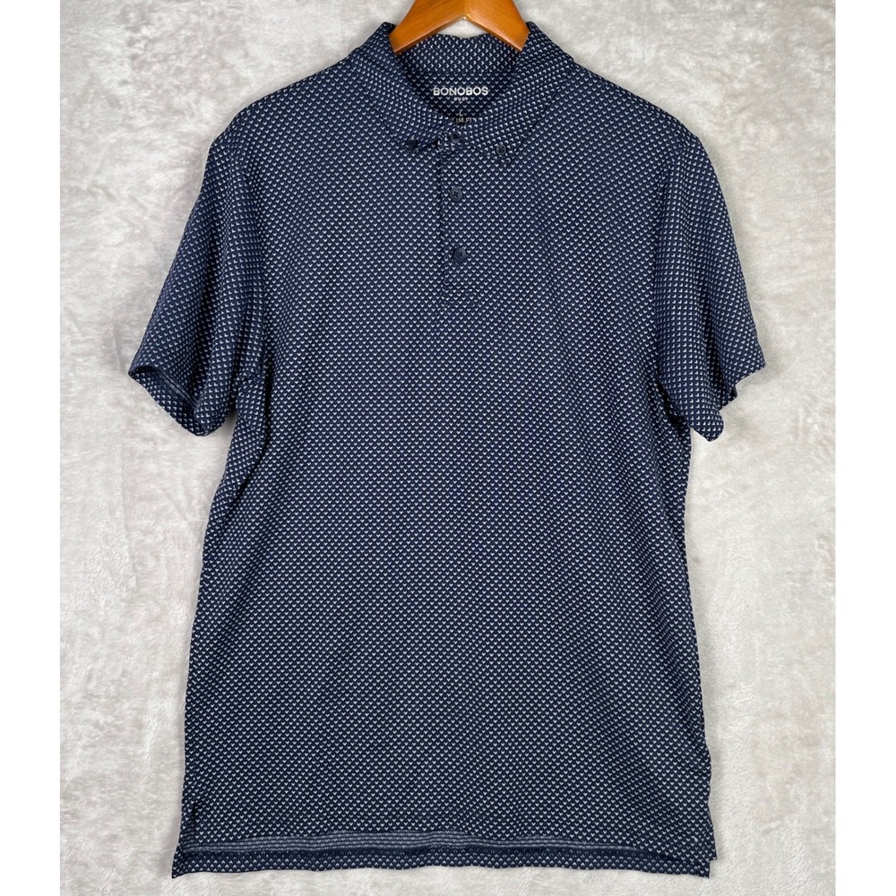 Bonobos Golf Mens Slim Fit Polo Shirt Large Navy Blue White Geometric Print L